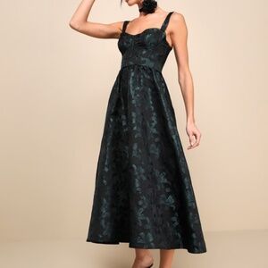 Lulus Dramatically Romantic Black Floral Jacquard Bustier Midi Dress - Size M